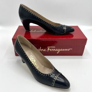 Vintage Salvatore Ferragamo Dracma Black Pumps with Silver Studs Size 8 AAAA